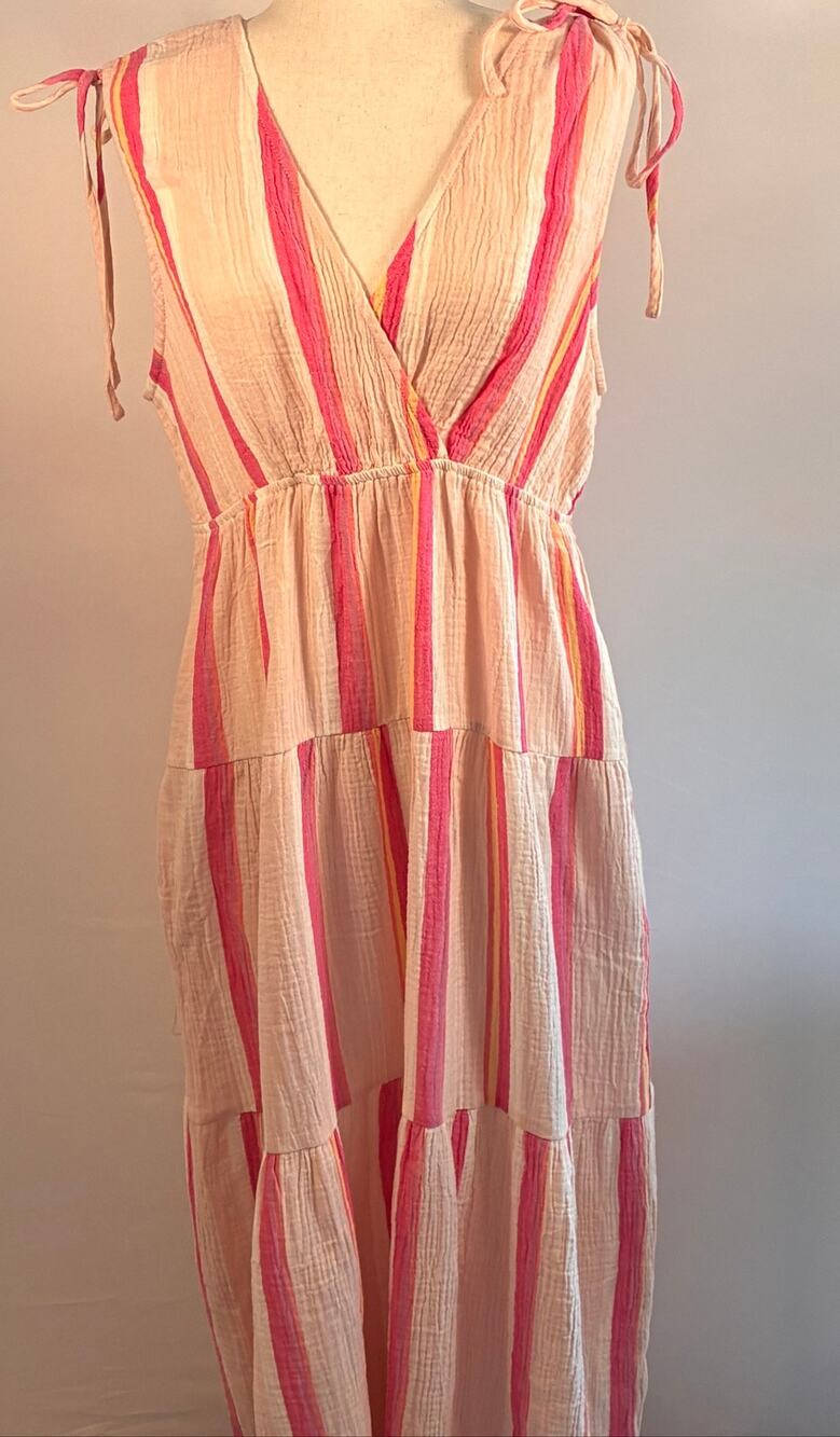 Marine Layer L Striped Gauze Tiered Maxi Dress Tie Straps NWT